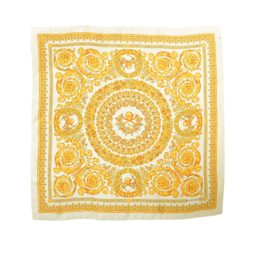 Versace White  Gold Barocco Print 100 Silk Large Shawl Scarf